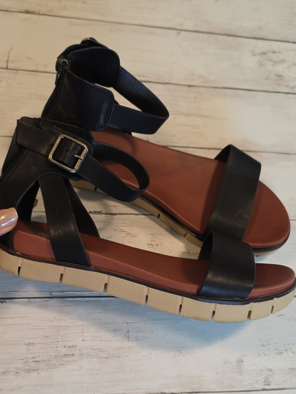 MIA Black Strappy Ankle Buckle Sandals with Tan Platform